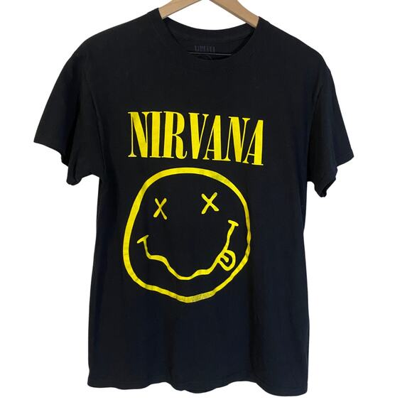 Nirvana Black and Yellow Smiley Face Logo Band Tee Graphic T-Shirt Sz M - Picture 2 of 9